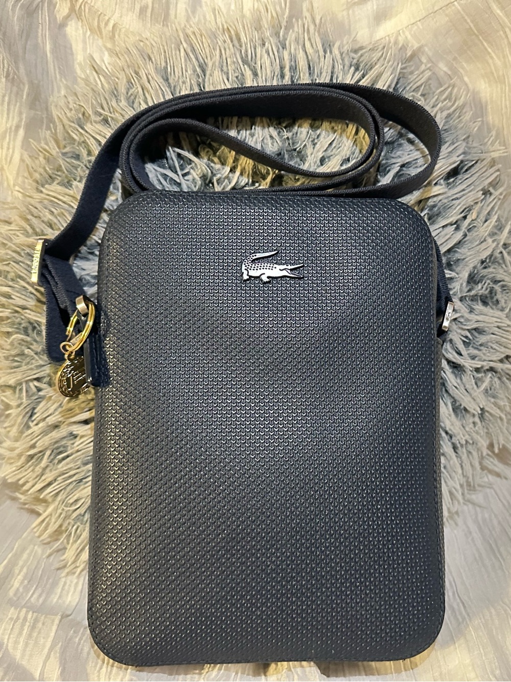 Lacoste Navy Textured Crossbody Messenger Bag with Silver Croc